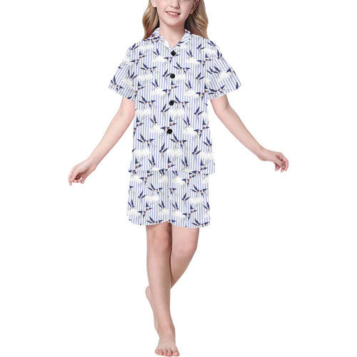 Swallow Pattern Print Design 03 Kids' Boys' Girls' V-Neck Short Pajama Set