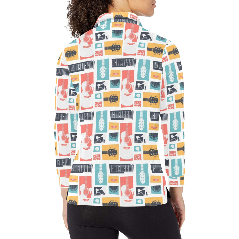 Guitar Pattern Background Women's Long Sleeve Polo Shirt