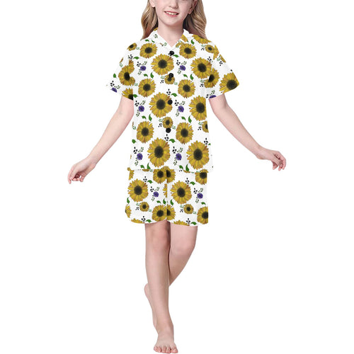 Sunflower Pattern Background Kids' Boys' Girls' V-Neck Short Pajama Set