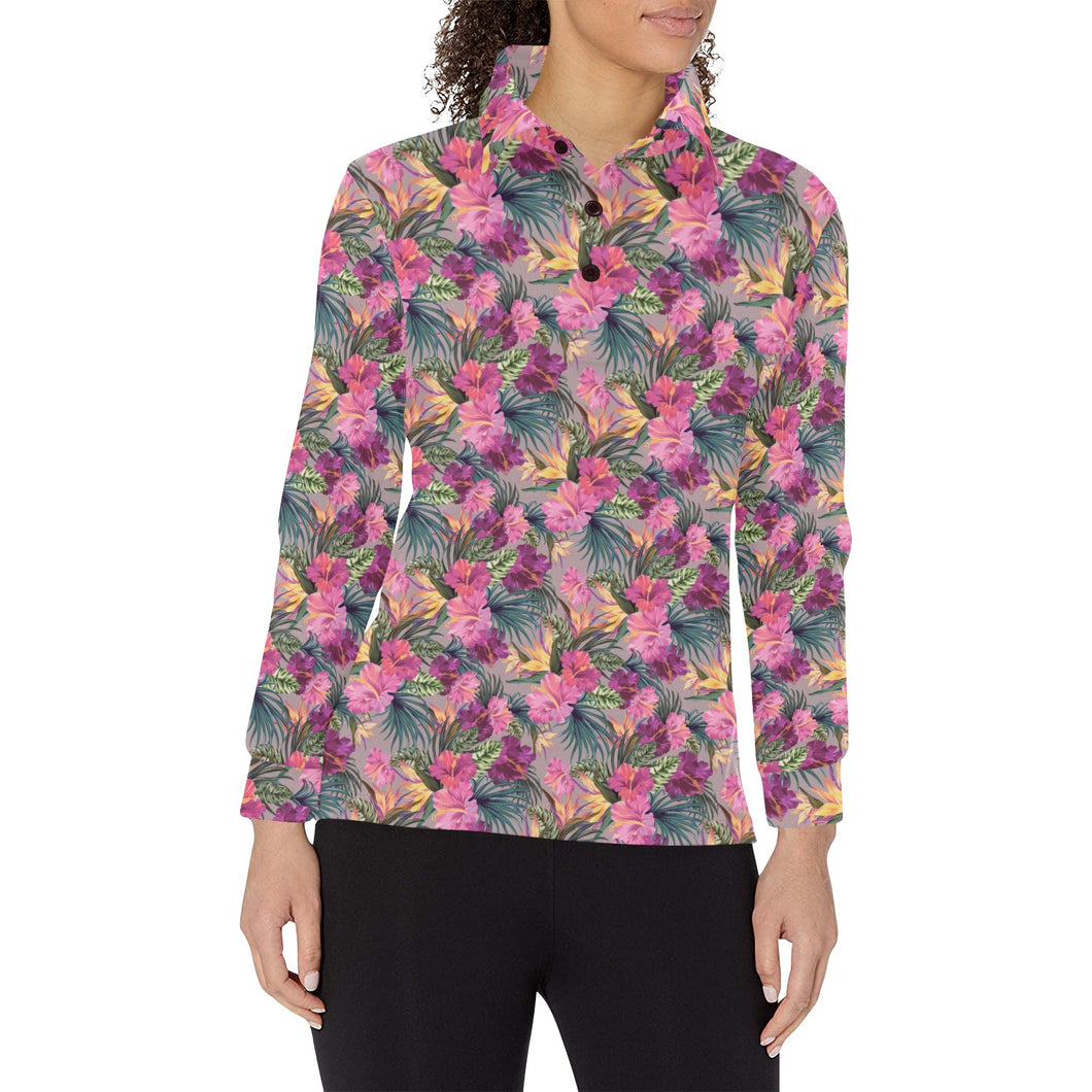 Hibiscus Pattern Print Design 03 Women's Long Sleeve Polo Shirt