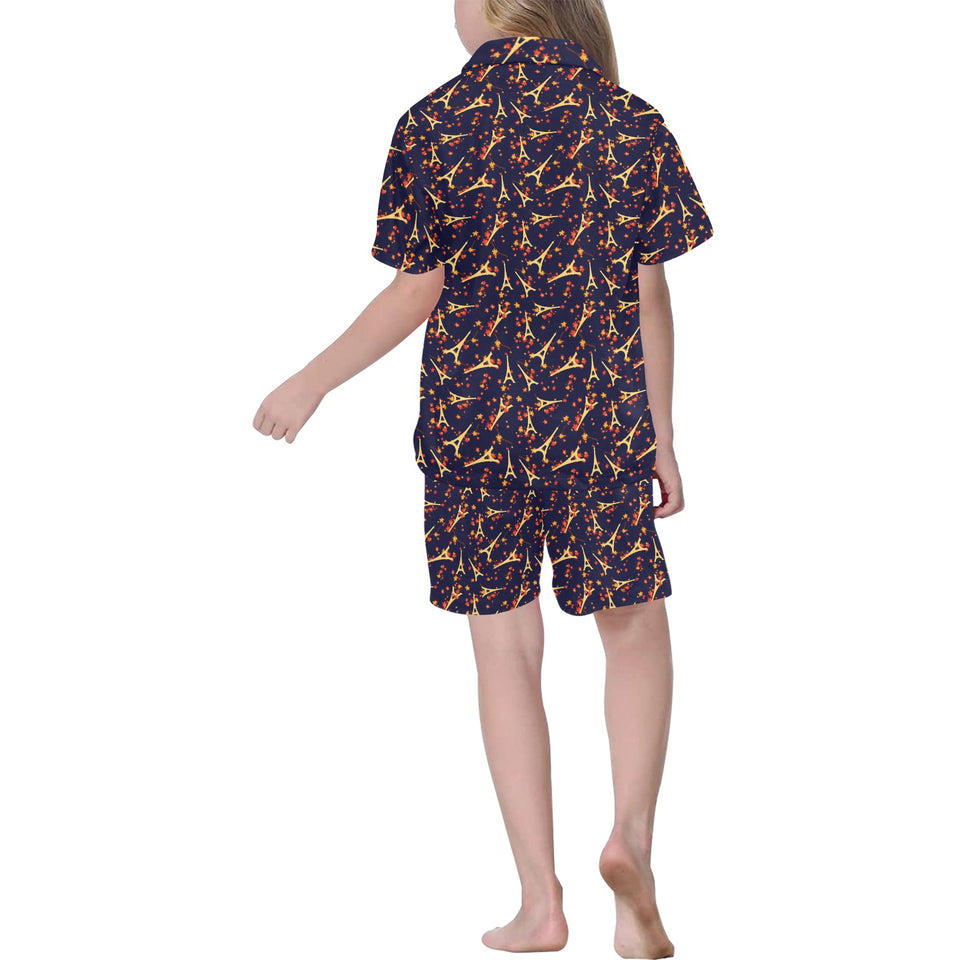 Eiffel Tower Pattern Print Design 02 Kids' Boys' Girls' V-Neck Short Pajama Set