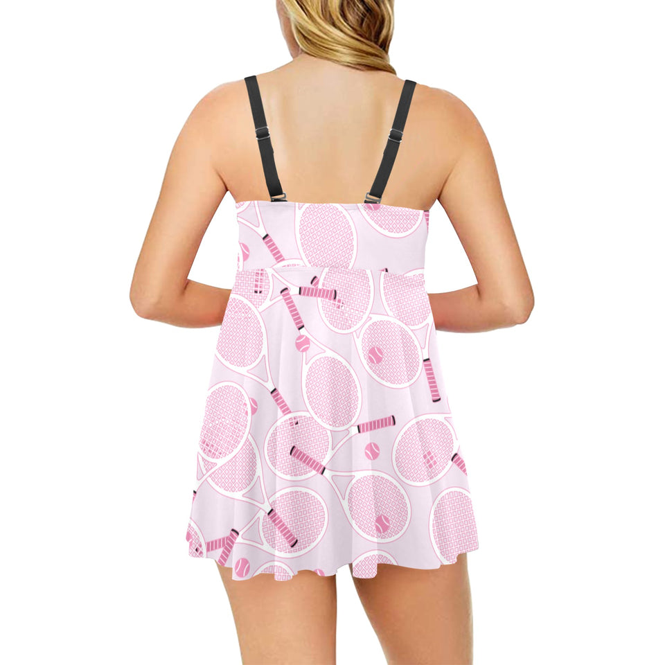 Tennis Pattern Print Design 02 Chest Sexy Pleated Two Piece Swim Dress