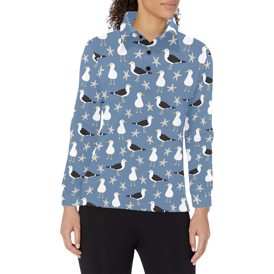 Seagull Pattern Print Design 01 Women's Long Sleeve Polo Shirt