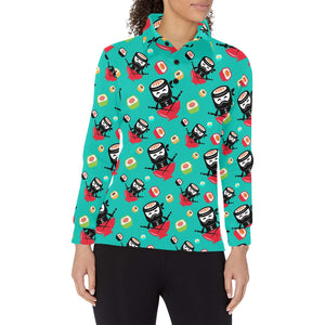 Ninja Sushi Pattern Women's Long Sleeve Polo Shirt