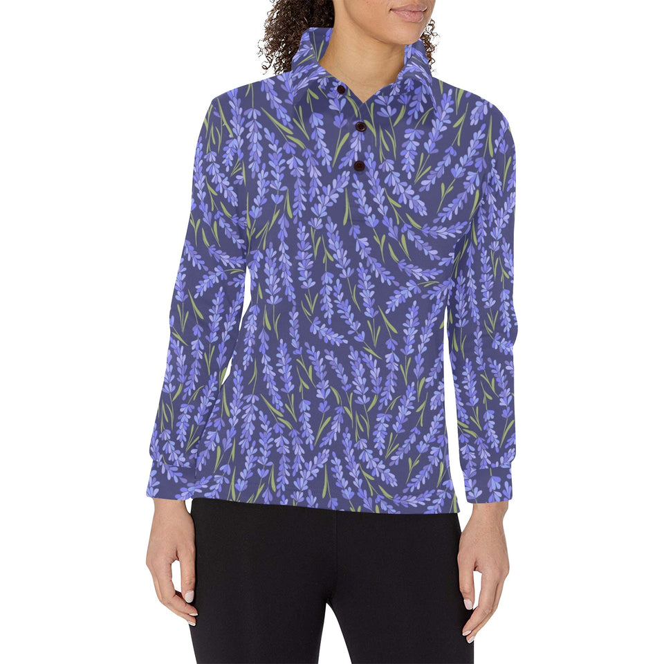 Lavender Theme Pattern Women's Long Sleeve Polo Shirt