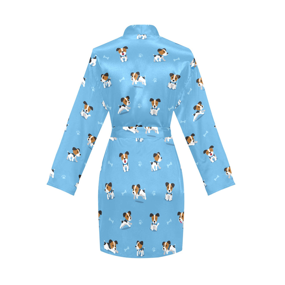 Jack Russel Pattern Print Design 04 Women's Long Sleeve Belted Night Robe