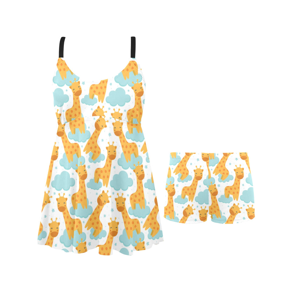 Giraffe Pattern Print Design 05 Chest Sexy Pleated Two Piece Swim Dress