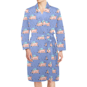 Pig Pattern Print Design 03 Men's Long Sleeve Belted Night Robe