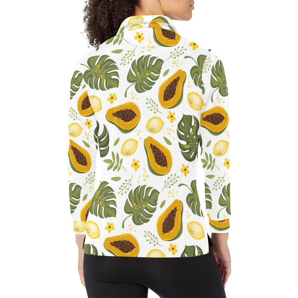 Papaya Leaves Flower Pattern Women's Long Sleeve Polo Shirt