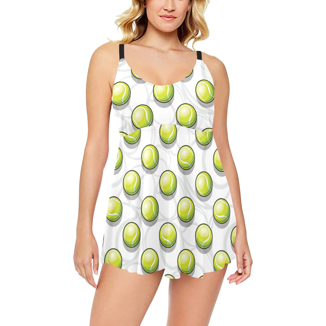 Tennis Pattern Print Design 05 Chest Sexy Pleated Two Piece Swim Dress