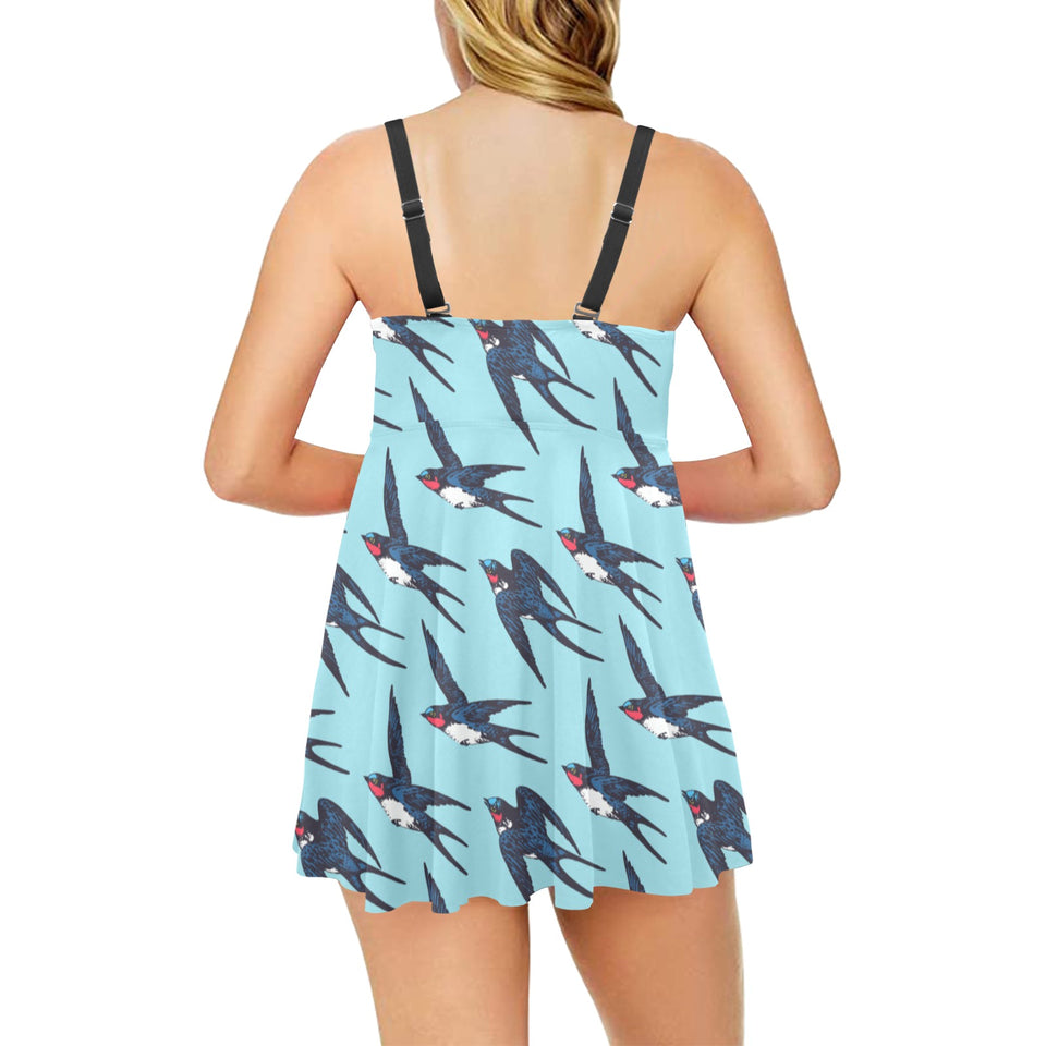 Swallow Pattern Print Design 01 Chest Sexy Pleated Two Piece Swim Dress