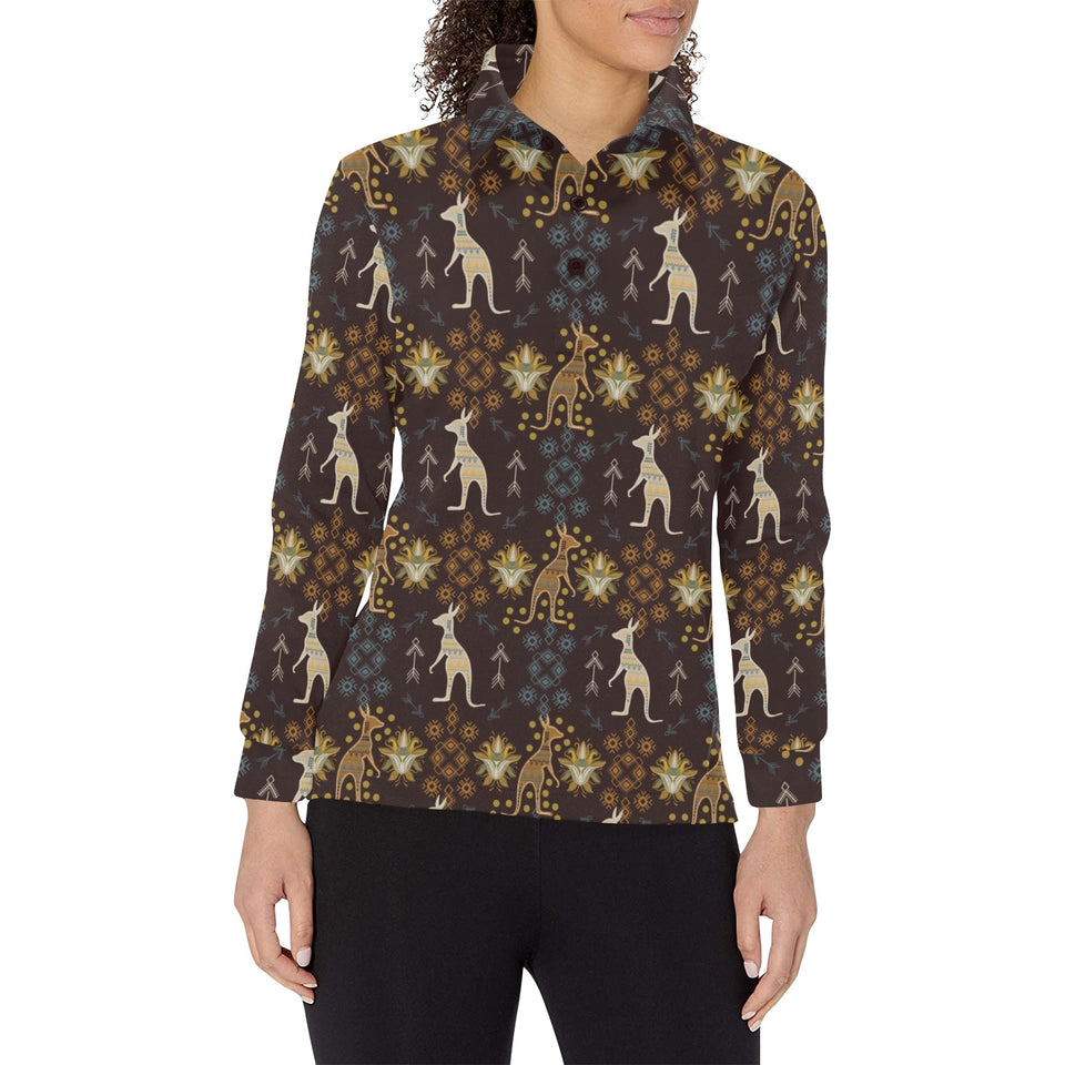 Kangaroo Aboriginal Theme Pattern Women's Long Sleeve Polo Shirt