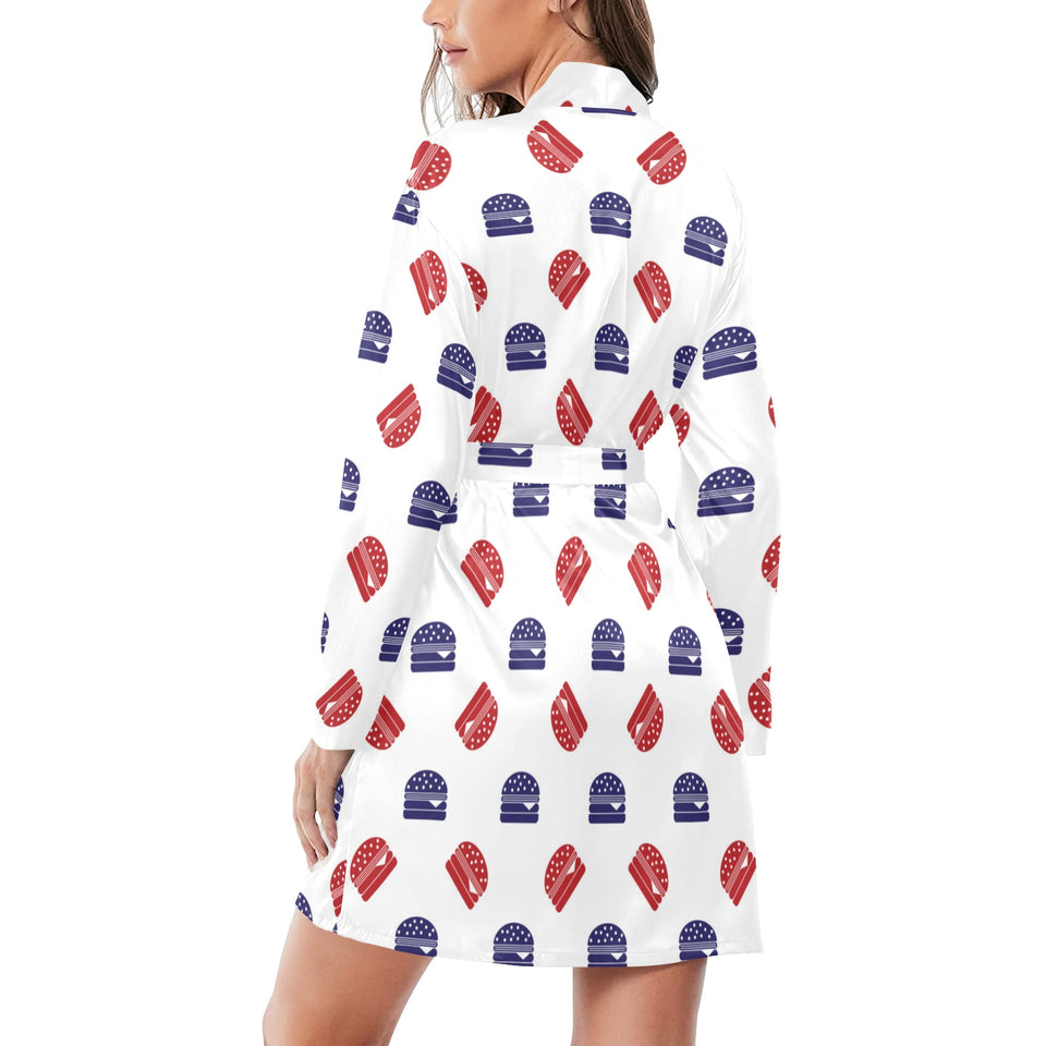 Hamburger Pattern Print Design 04 Women's Long Sleeve Belted Night Robe