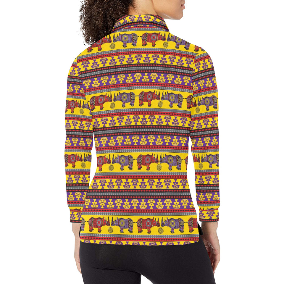 Rhino African Afro Dashiki Adinkra Kente Ethnic Mo Women's Long Sleeve Polo Shirt