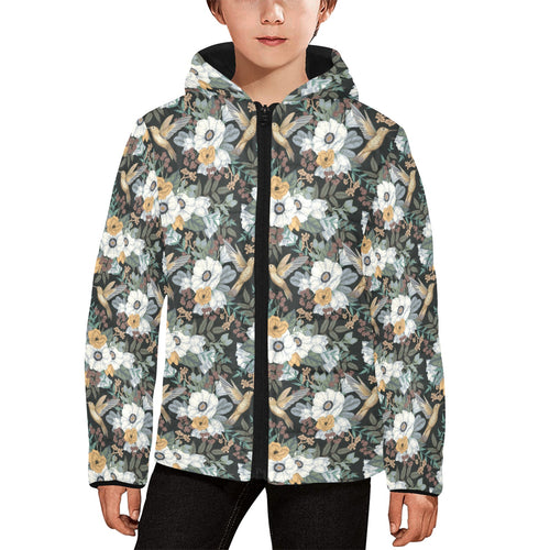 Hummingbird Pattern Print Design 05 Kids' Boys' Girls' Padded Hooded Jacket