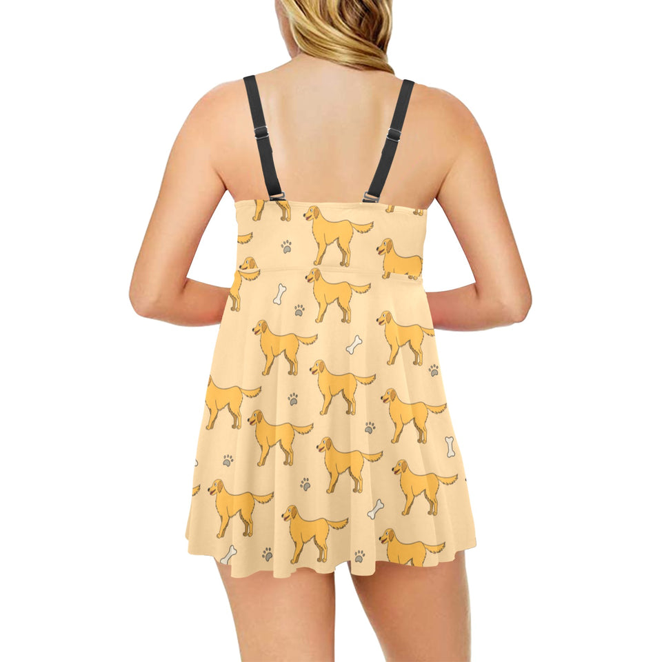 Golden Retriever Pattern Print Design 04 Chest Sexy Pleated Two Piece Swim Dress