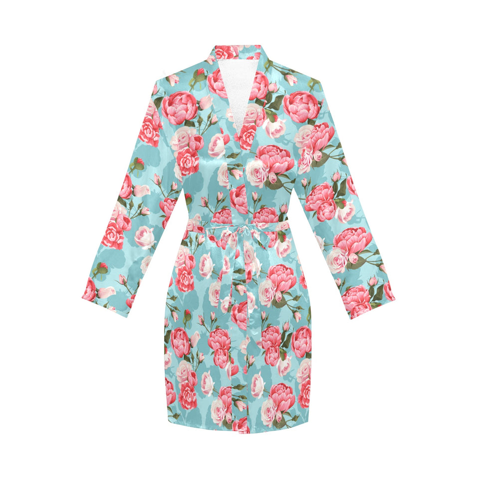 Rose Pattern Print Design 03 Women's Long Sleeve Belted Night Robe