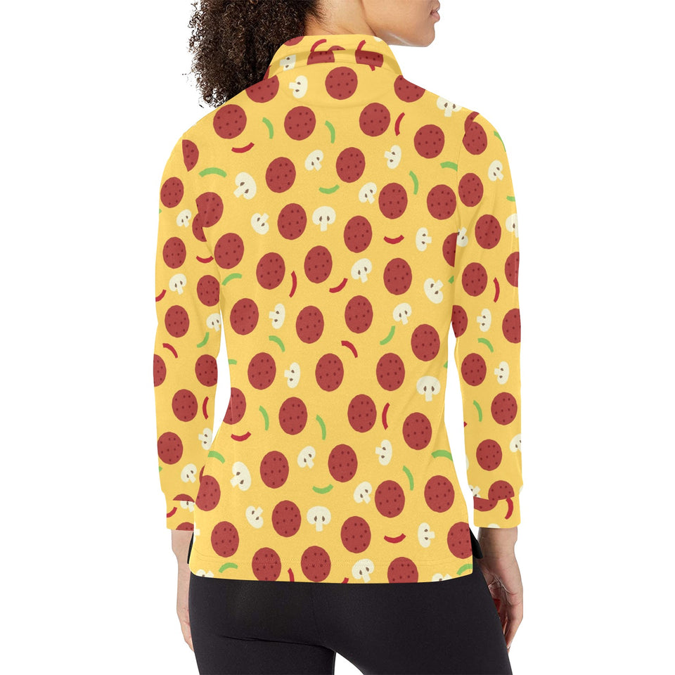 Pizza Salami Mushroom Texture Pattern Women's Long Sleeve Polo Shirt