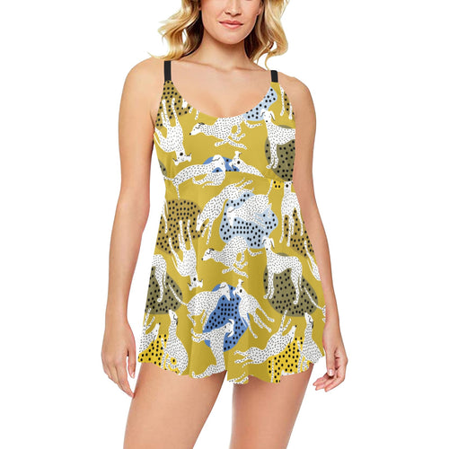 Greyhound Pattern Print Design 02 Chest Sexy Pleated Two Piece Swim Dress