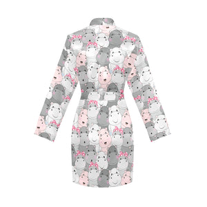 Hippopotamus Pattern Print Design 03 Women's Long Sleeve Belted Night Robe