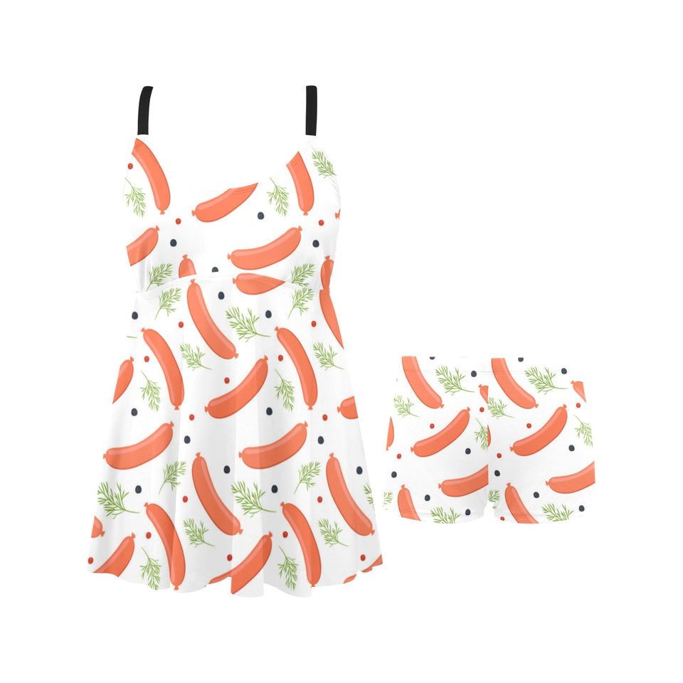 Sausage Pattern Print Design 03 Chest Sexy Pleated Two Piece Swim Dress