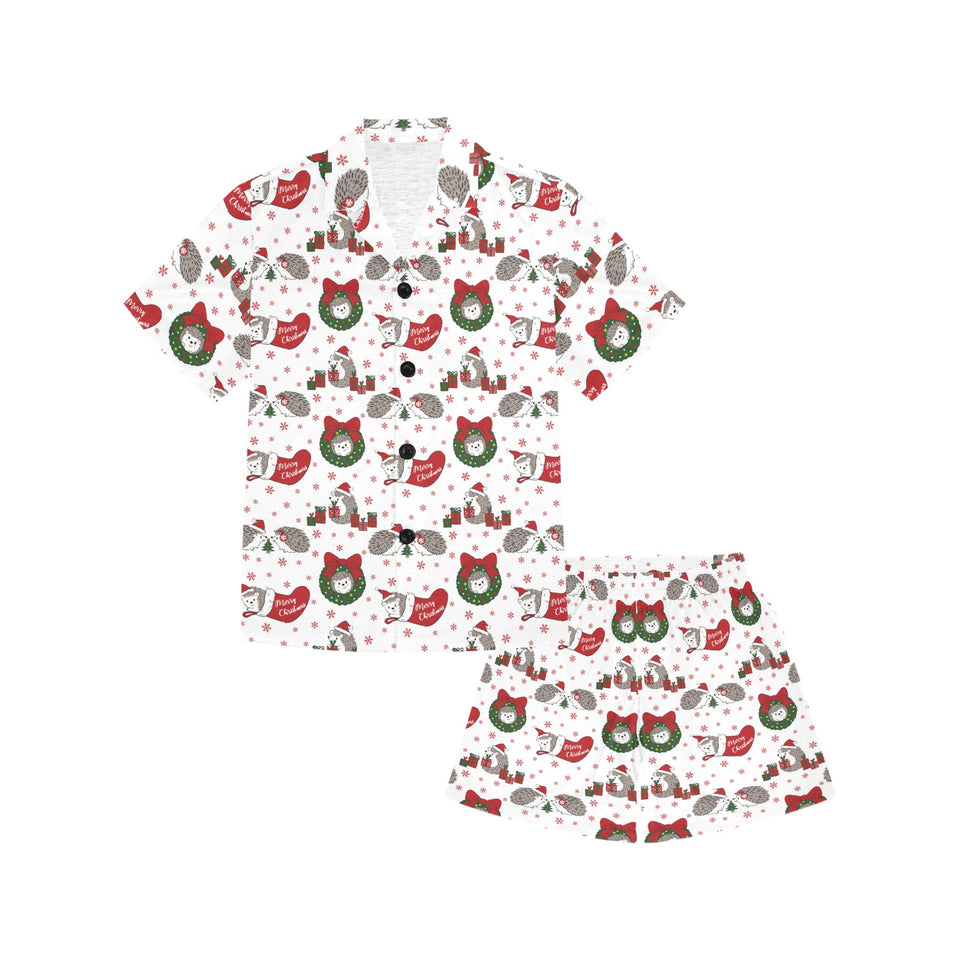 Hedgehog Pattern Print Design 05 Kids' Boys' Girls' V-Neck Short Pajama Set