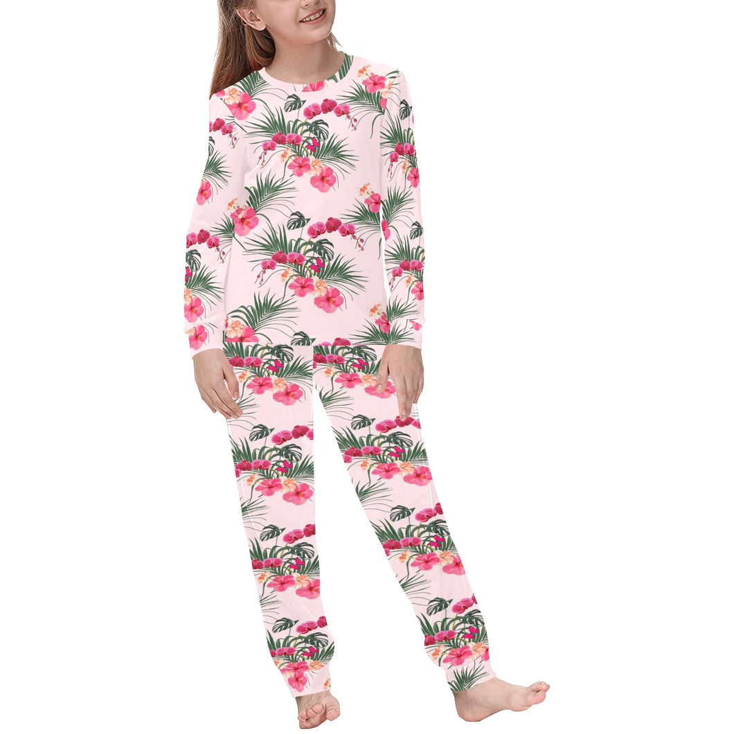 Red Pink Orchid Hibiscus Pattern Kids' Boys' Girls' All Over Print Pajama Set