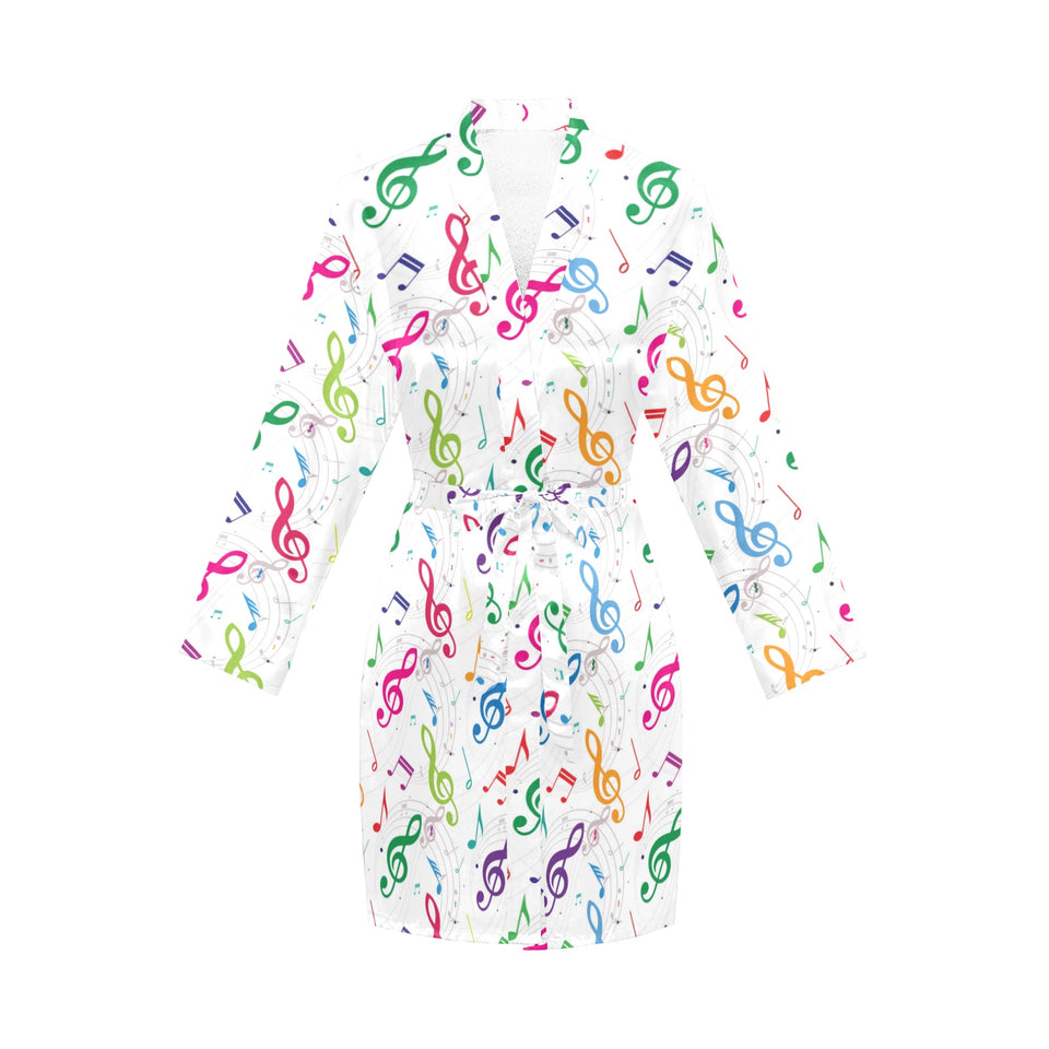 Music Notes Pattern Print Design 02 Women's Long Sleeve Belted Night Robe