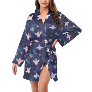 Pig Pattern Print Design 05 Women's Long Sleeve Belted Night Robe