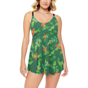 Green Peas Pattern Print Design 05 Chest Sexy Pleated Two Piece Swim Dress