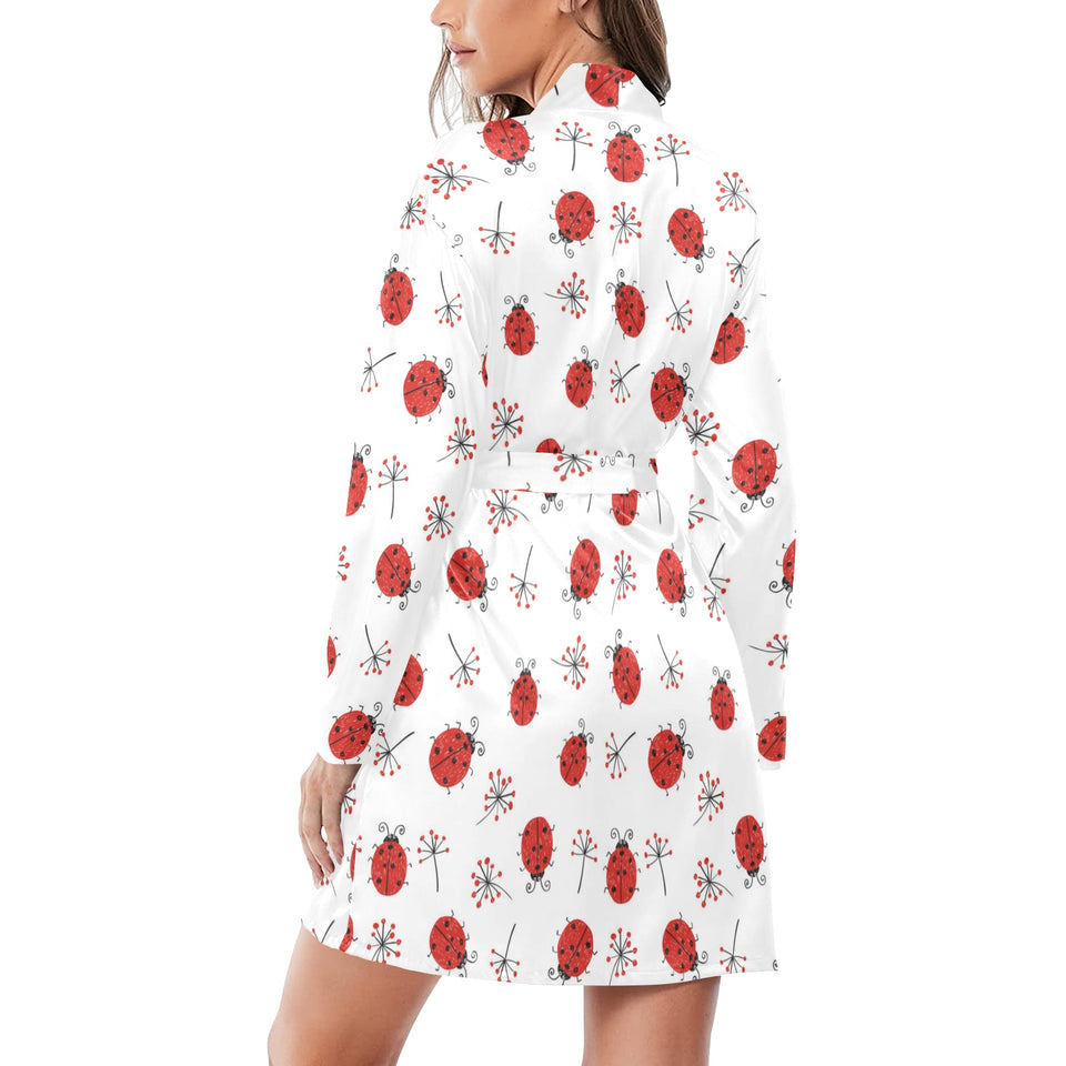 Ladybug Pattern Print Design 04 Women's Long Sleeve Belted Night Robe