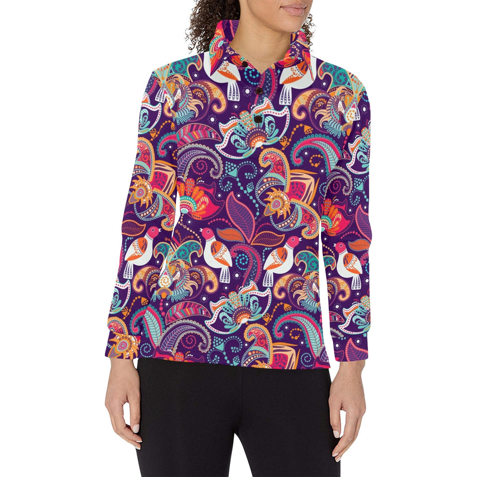 Indian Pattern Background Women's Long Sleeve Polo Shirt