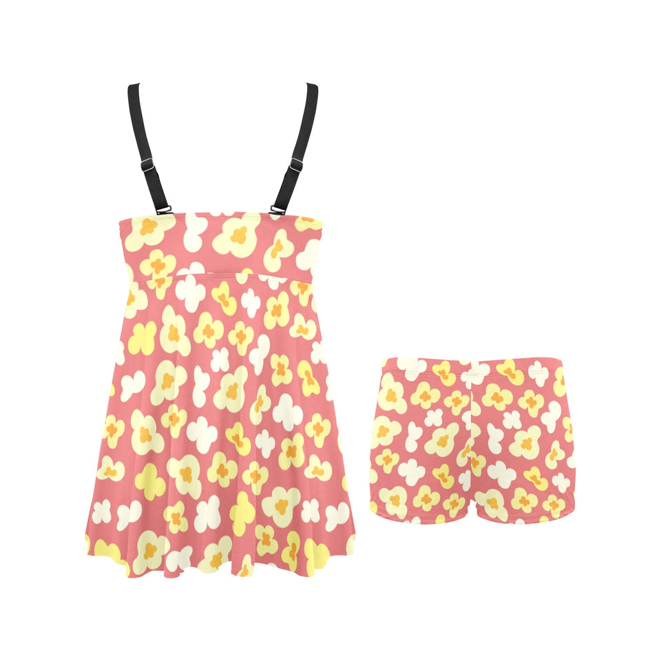 Popcorn Pattern Print Design 01 Chest Sexy Pleated Two Piece Swim Dress