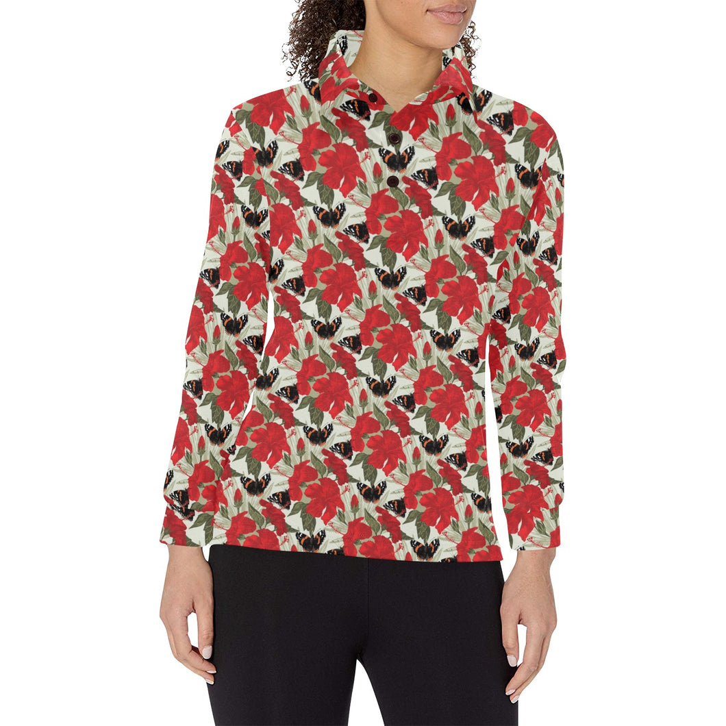 Hibiscus Pattern Print Design 04 Women's Long Sleeve Polo Shirt