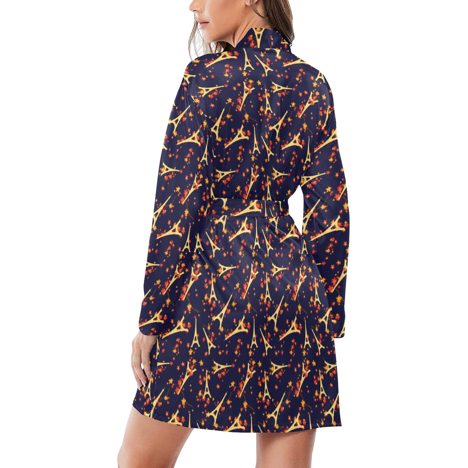 Eiffel Tower Pattern Print Design 02 Women's Long Sleeve Belted Night Robe