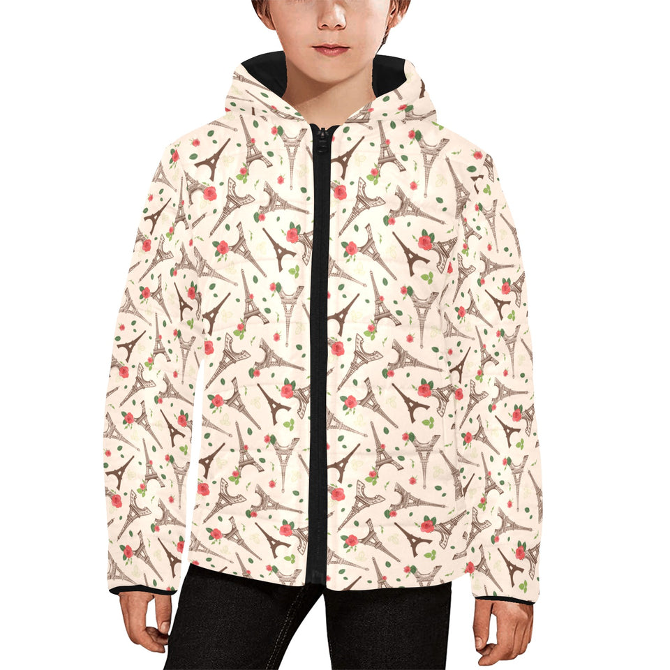 Eiffel Tower Pattern Print Design 03 Kids' Boys' Girls' Padded Hooded Jacket