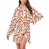 Sausage Pattern Print Design 05 Women's Long Sleeve Belted Night Robe