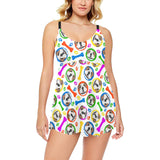 English Bulldog Pattern Print Design 05 Chest Sexy Pleated Two Piece Swim Dress