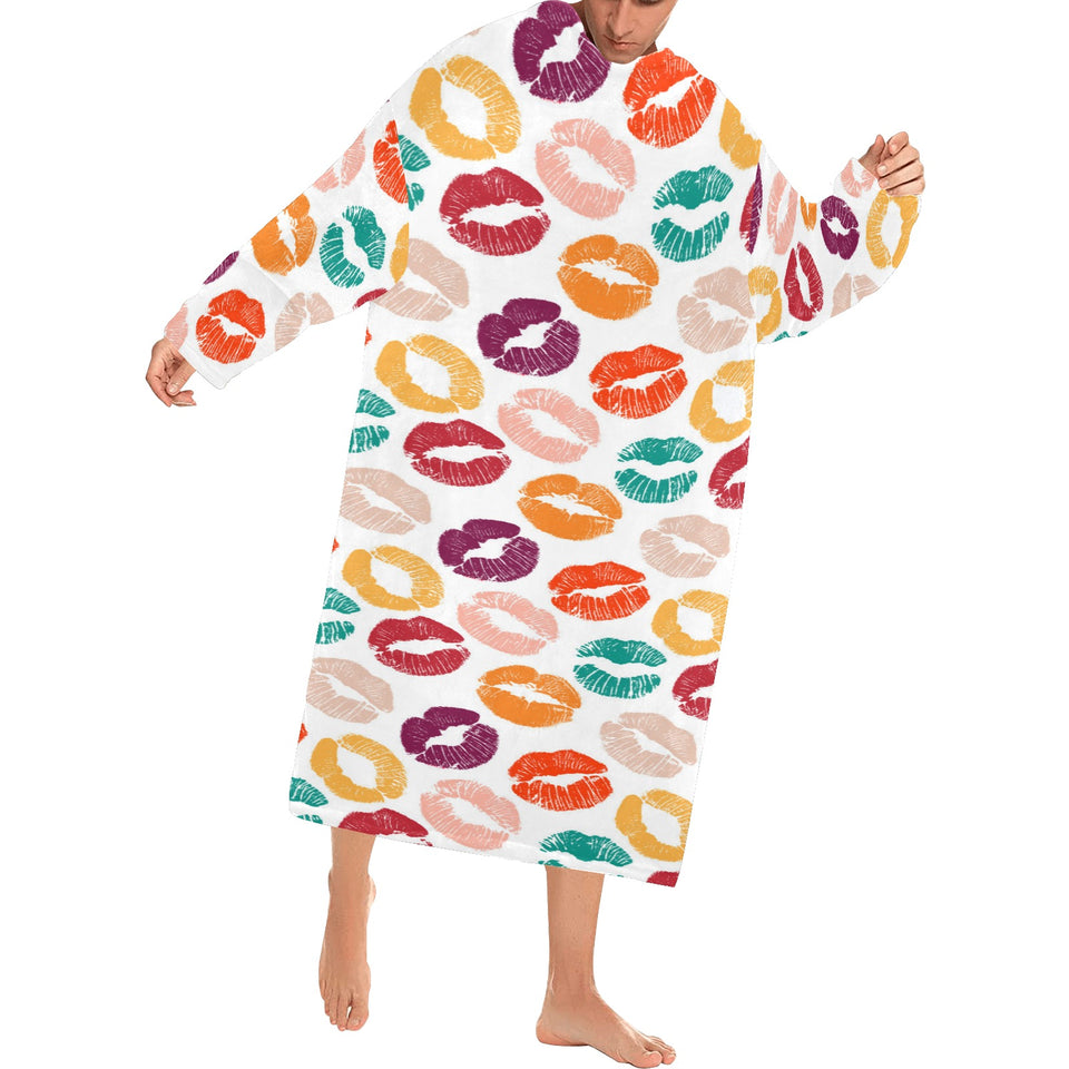 Lips Pattern Print Design 03 Blanket Robe with Sleeves