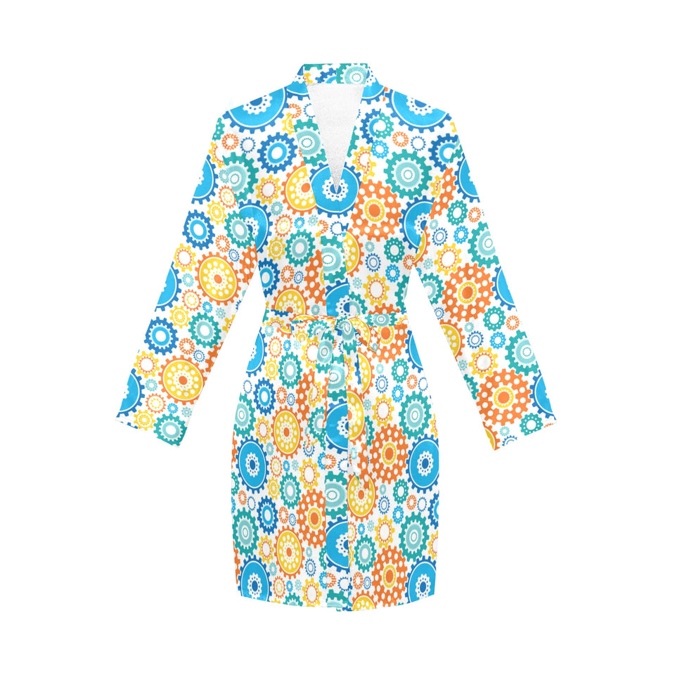 Gear Pattern Print Design 04 Women's Long Sleeve Belted Night Robe