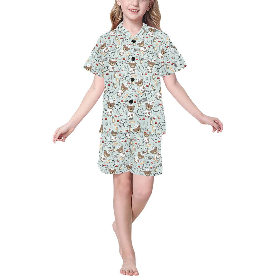 Teddy Bear Pattern Print Design 02 Kids' Boys' Girls' V-Neck Short Pajama Set