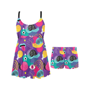 Snail Pattern Print Design 02 Chest Sexy Pleated Two Piece Swim Dress