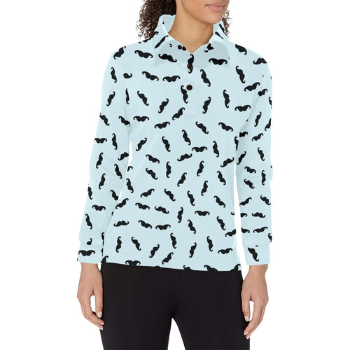 Mustache Beard Pattern Print Design 03 Women's Long Sleeve Polo Shirt