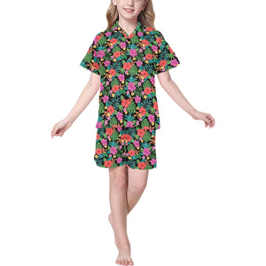 Hibiscus Pattern Print Design 01 Kids' Boys' Girls' V-Neck Short Pajama Set