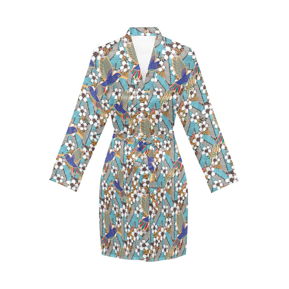 Hummingbird Pattern Print Design 02 Women's Long Sleeve Belted Night Robe