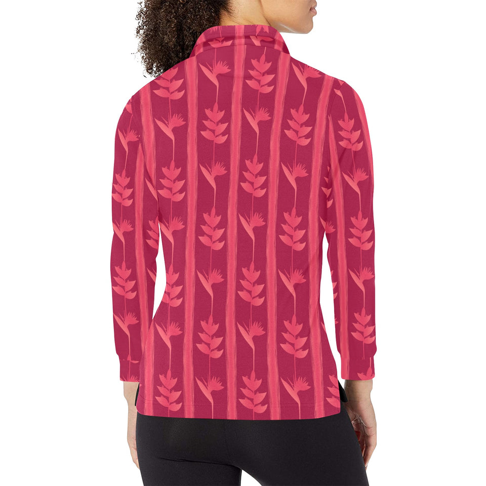 Heliconia Pink Pattern Women's Long Sleeve Polo Shirt