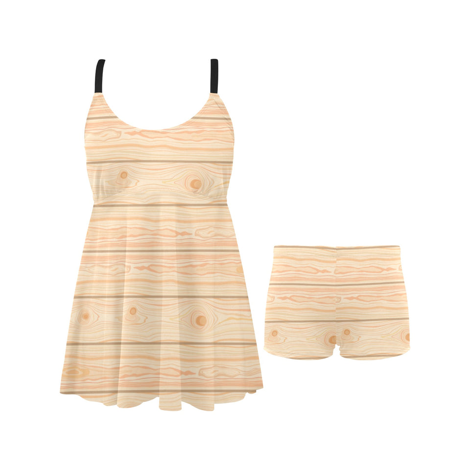 Wood Printed Pattern Print Design 05 Chest Sexy Pleated Two Piece Swim Dress