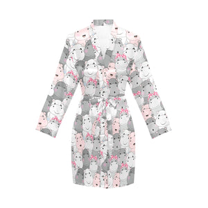 Hippopotamus Pattern Print Design 03 Women's Long Sleeve Belted Night Robe