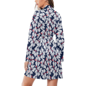 Hibiscus Pattern Print Design 02 Women's Long Sleeve Belted Night Robe