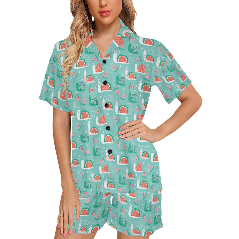 Snail Pattern Print Design 01 Women's V-Neck Short Pajama Set